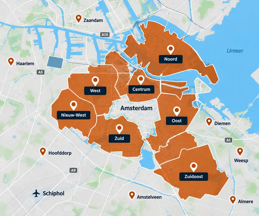 Kaart van het werkgebied van Elektricien Amsterdam24 met alle Amsterdamse stadsdelen en omliggende plaatsen.